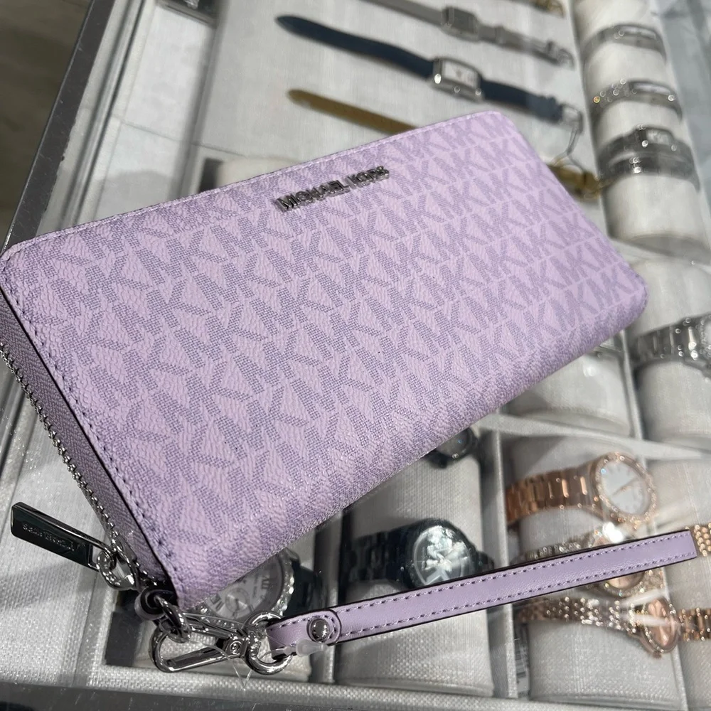 MICHAEL KORS Jet Set Large Signature Logo Continental Wallet Wristlet Lt Quartz